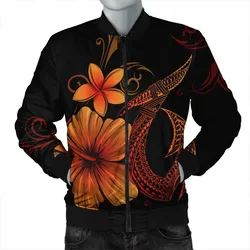 Hawaiian Fish Hook Hibiscus Plumeria Polynesian Bomber Jacket - Orange - AH
