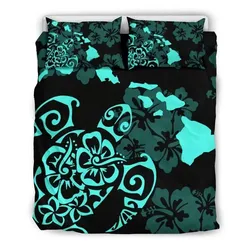 FamilyGater Home Set - Hawaiian Map Turtle Hibiscus Plumeria Polynesian Blue Bedding Set - AH J4