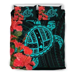Hawaiian Map Sea Turtle Waves Hibiscus Polynesian Bedding Set