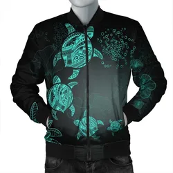 Hawaiian Plumeria Hibiscus Turtle Under Sea Polynesian Bomber Jacket Blue