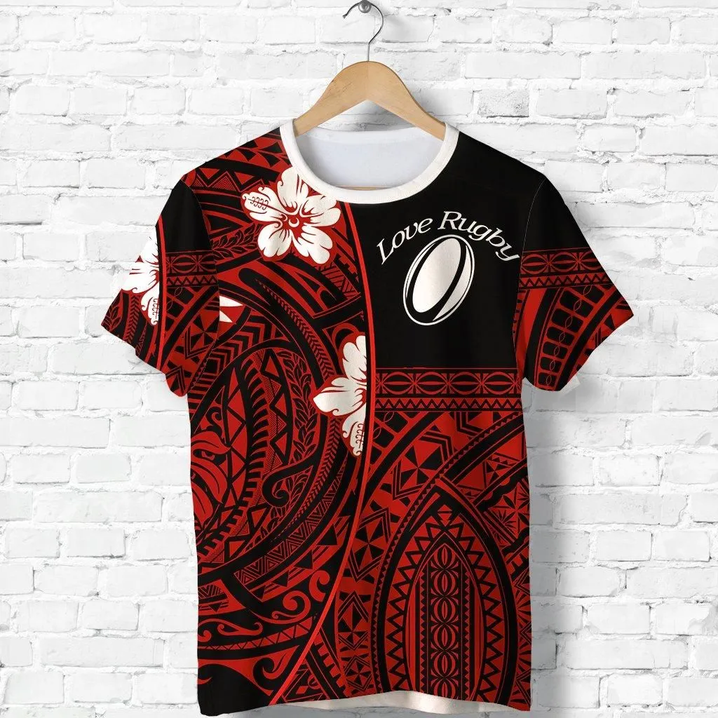 (Custom Personalised) Polynesian Rugby T shirt Love Red - Custom Text and Number
