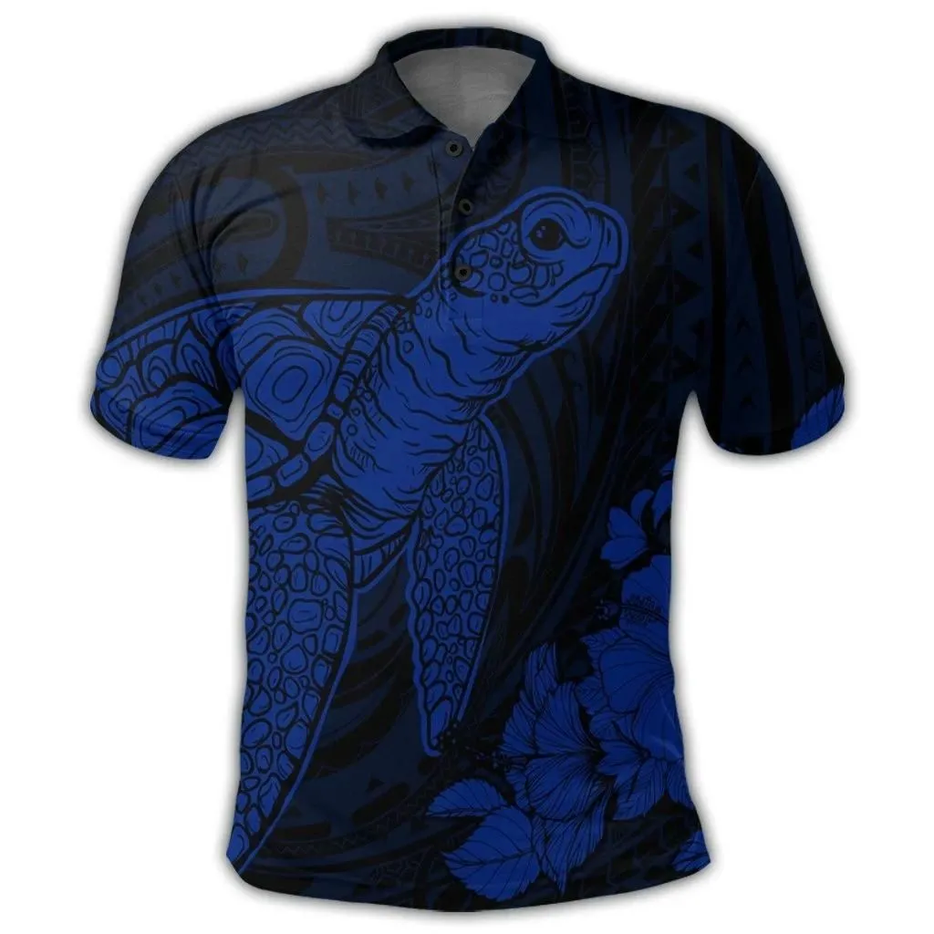 Alohawaii Shirt - Hawaiian Hibiscus Memory Turtle Polynesian Polo Shirt Blue - AH - JR