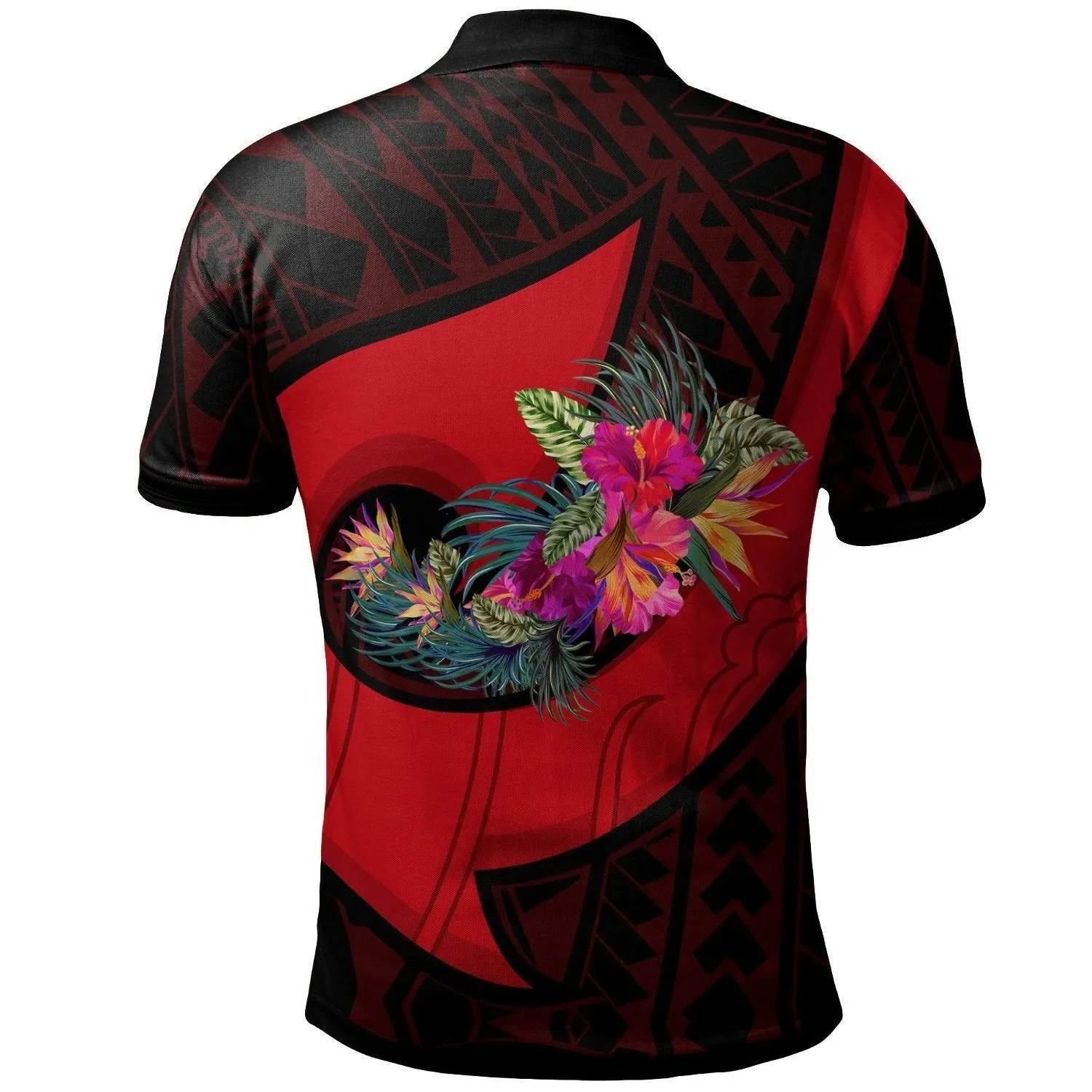 Papua New Guinea Polo Shirt - Polynesian Hook and Hibiscus Red