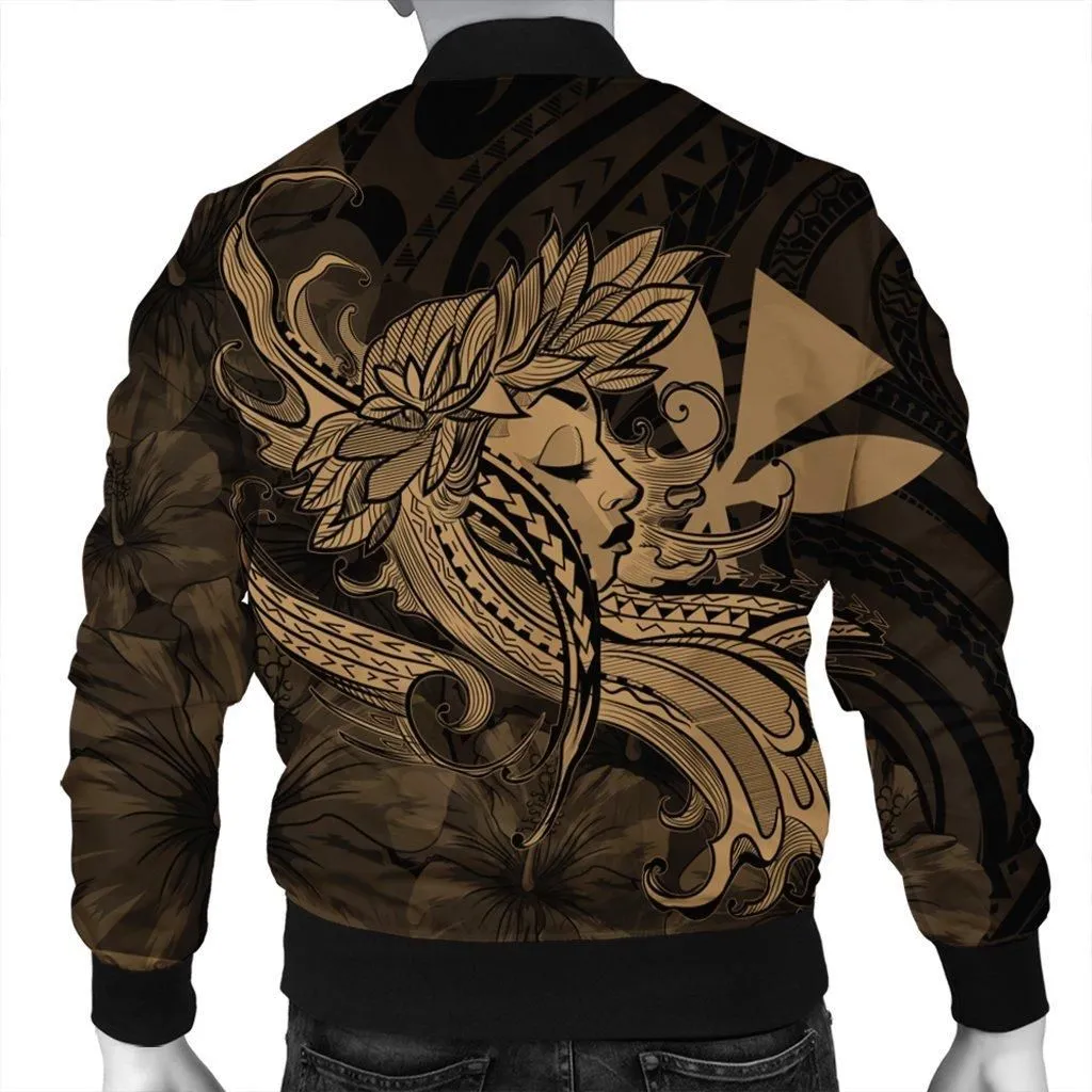 Hawaiian Map Hula Girl Hibiscus Kanaka Polynesian Bomber Jacket - Gold - AH