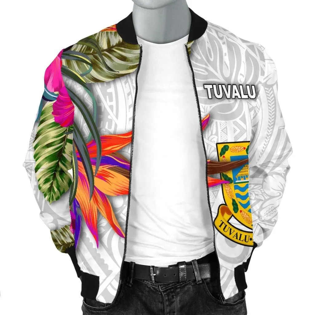 Tuvalu Mens Bomber Jacket Polynesian Hibiscus White Pattern