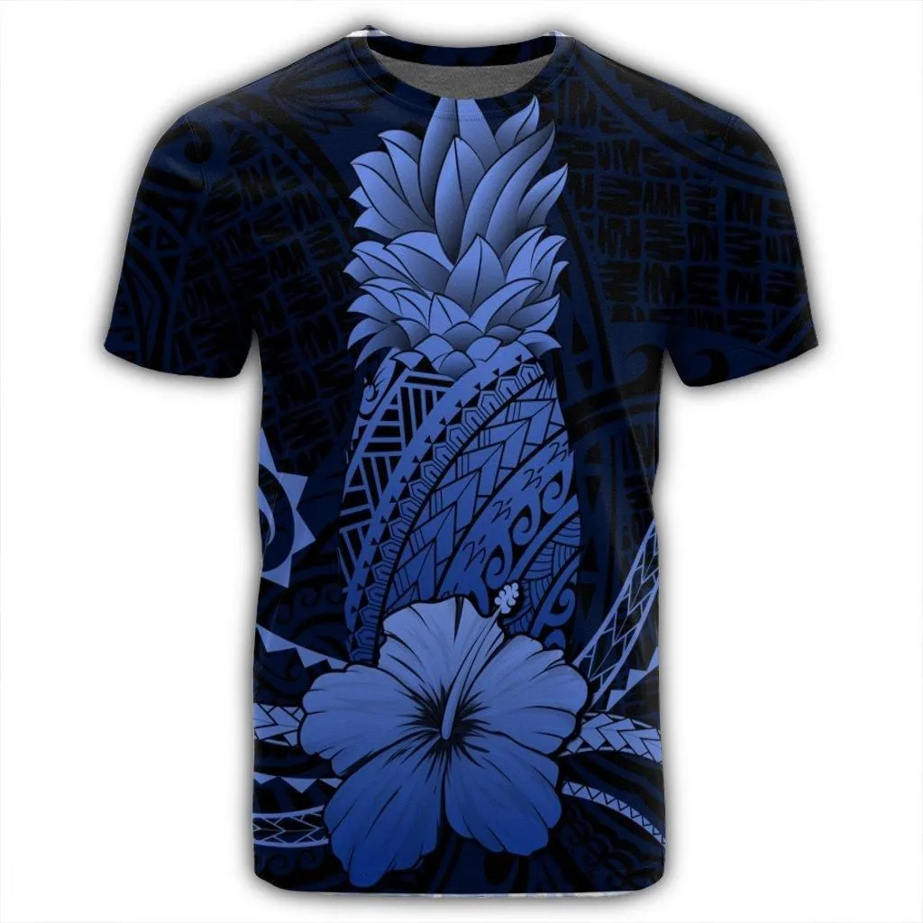 Hawaii Polynesian Pineapple Hibiscus T-Shirt - Blue - AH