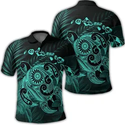 Hawaiian Map Turtle Tattoo Hibiscus Plumeria Polynesian Polo Shirt - Turquoise - AH
