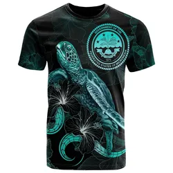 Fedarated States of Micronesia Polynesian T-Shirt - Turtle With Blooming Hibiscus Turquoise