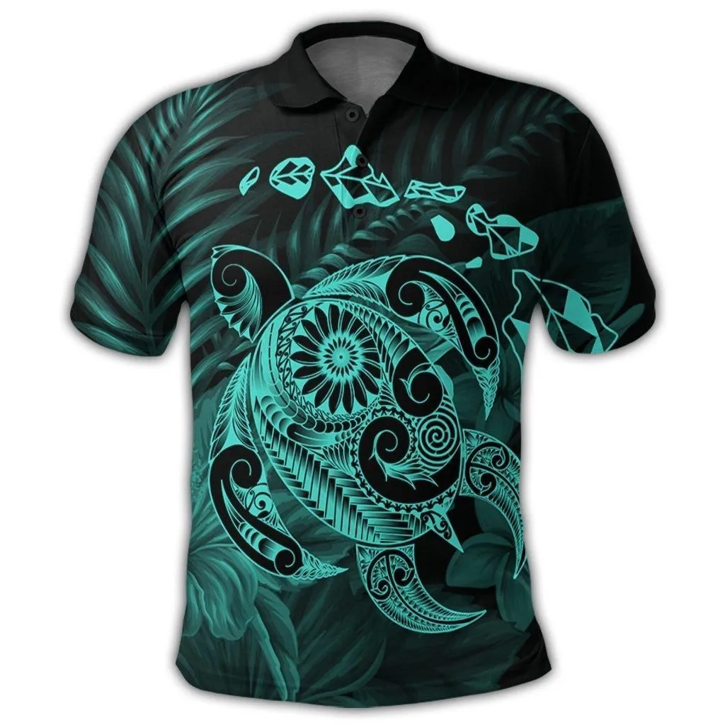 Hawaiian Map Turtle Tattoo Hibiscus Plumeria Polynesian Polo Shirt - Turquoise