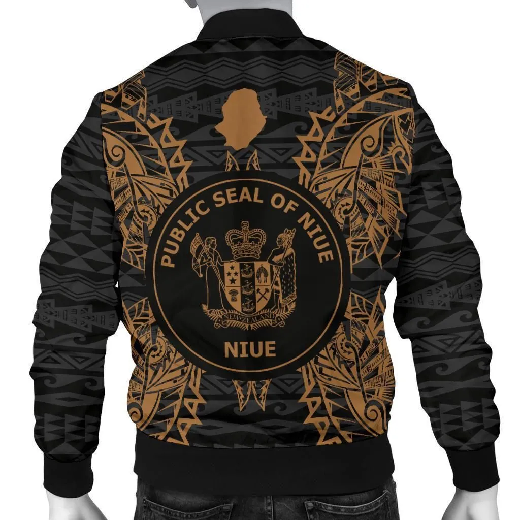 Niue Polynesian Mens Bomber Jacket Map Gold