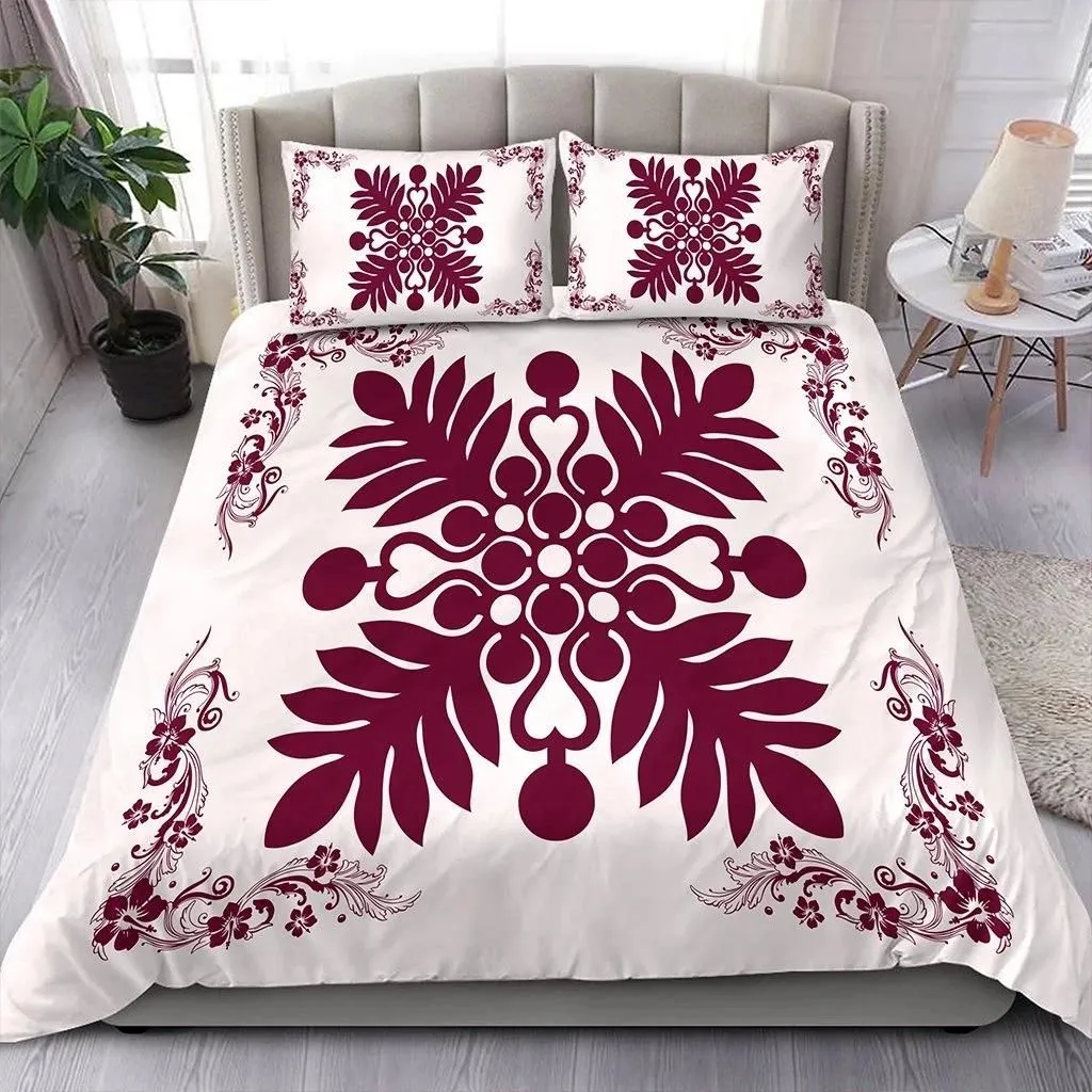 Alohawaii Home Set - Hawaiian Quilt Maui Plant And Hibiscus Pattern Bedding Set - Burgundy White - AH J8