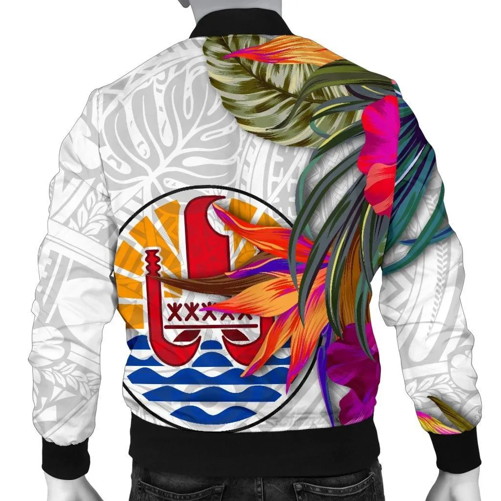 Tahiti Mens Bomber Jacket Polynesian Hibiscus White Pattern