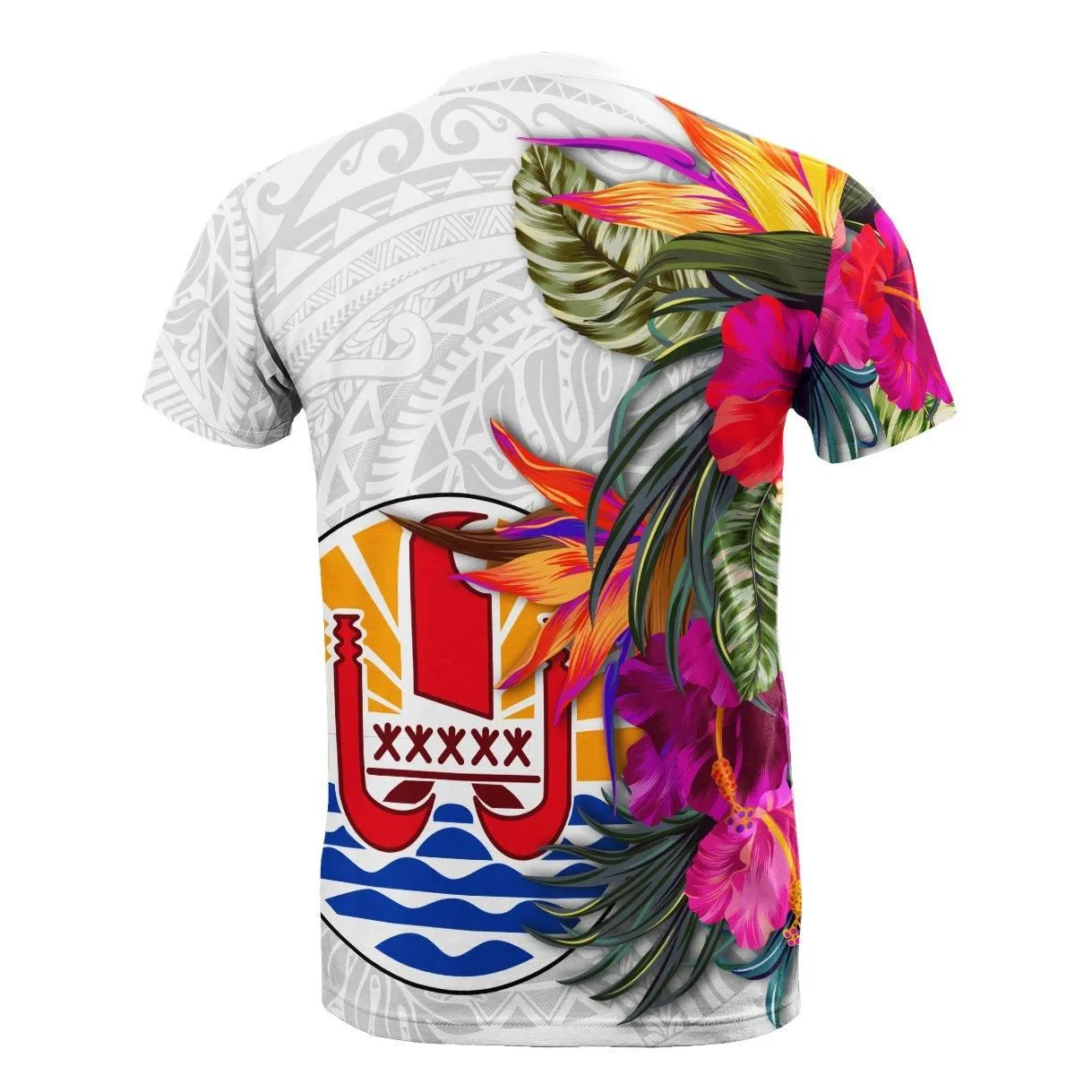 Tahiti T-Shirt Hibiscus Polynesian White Pattern -