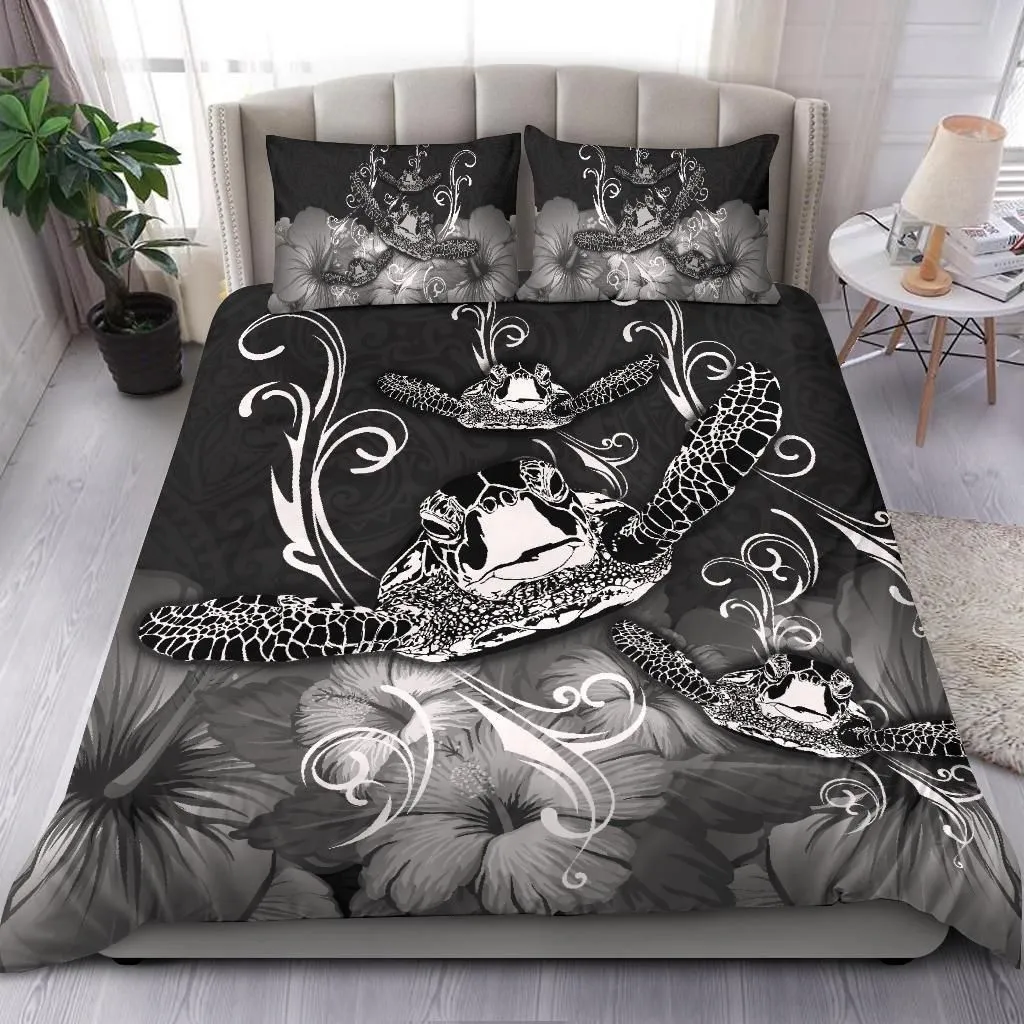 Alohawaii Bedding Set - Cover and Pillow Cases Hawaii Polynesian Turtle Waves Hibiscus - Erik Style - AH - Grey - J5