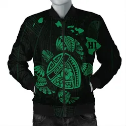 FamilyGater Jacket - Hawaiian Map Turtle Ohana Hibicus Polynesian Bomber Jacket - Green - AH - J6R
