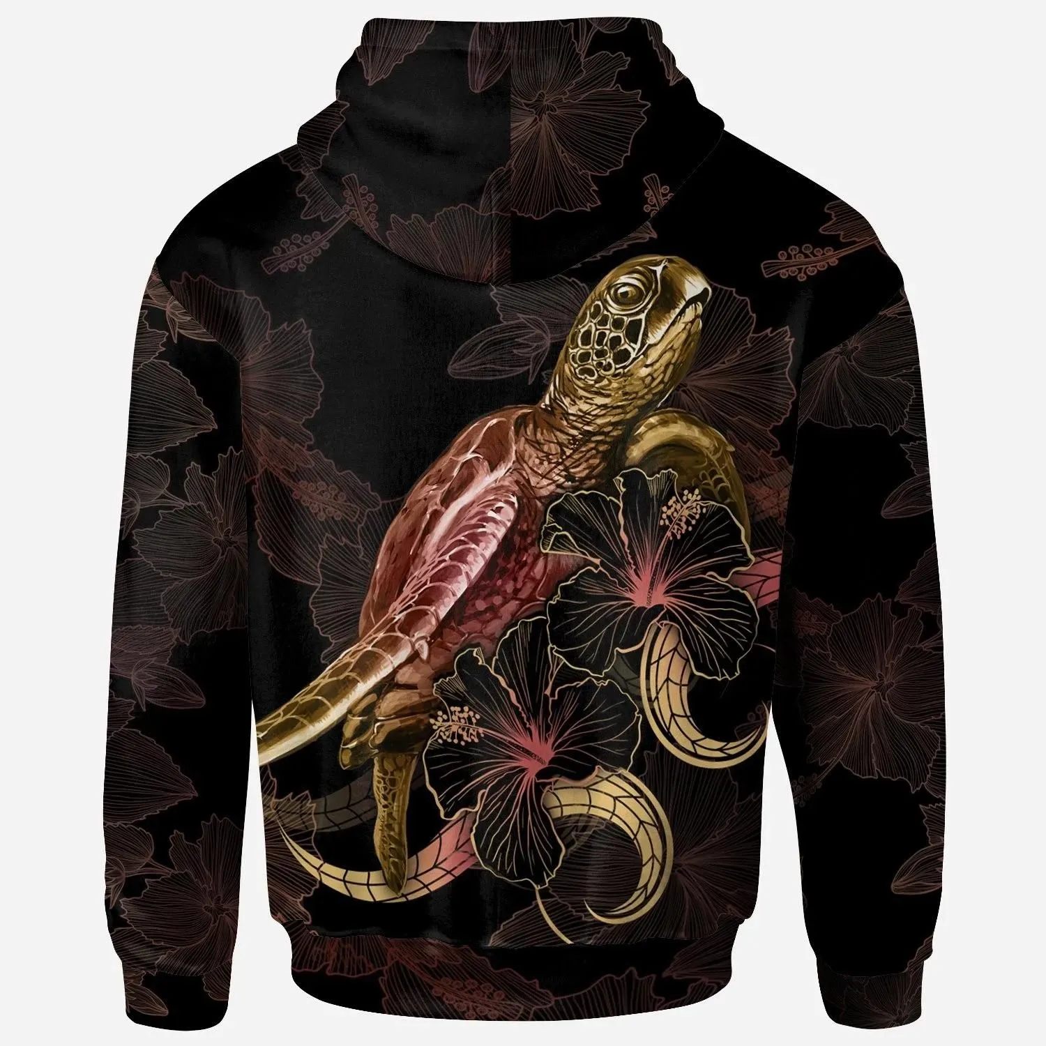 Hawaii Polynesian Hoodie - Turtle With Blooming Hibiscus Gold - BN22