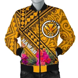 Hawaii Mens Bomber Jacket - Kanaka Maoli With Hibiscus On Polynesian Patterns (YELLOW)