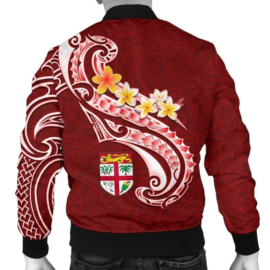 Fiji Custom Personalised Mens Bomber Jacket- Fiji Seal Polynesian Patterns Plumeria (Red)