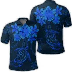 Alohawaii Shirt - Hawaiian Turtles Hibiscus Plumeria Polynesian Polo Shirt - Blue - AH - J4R