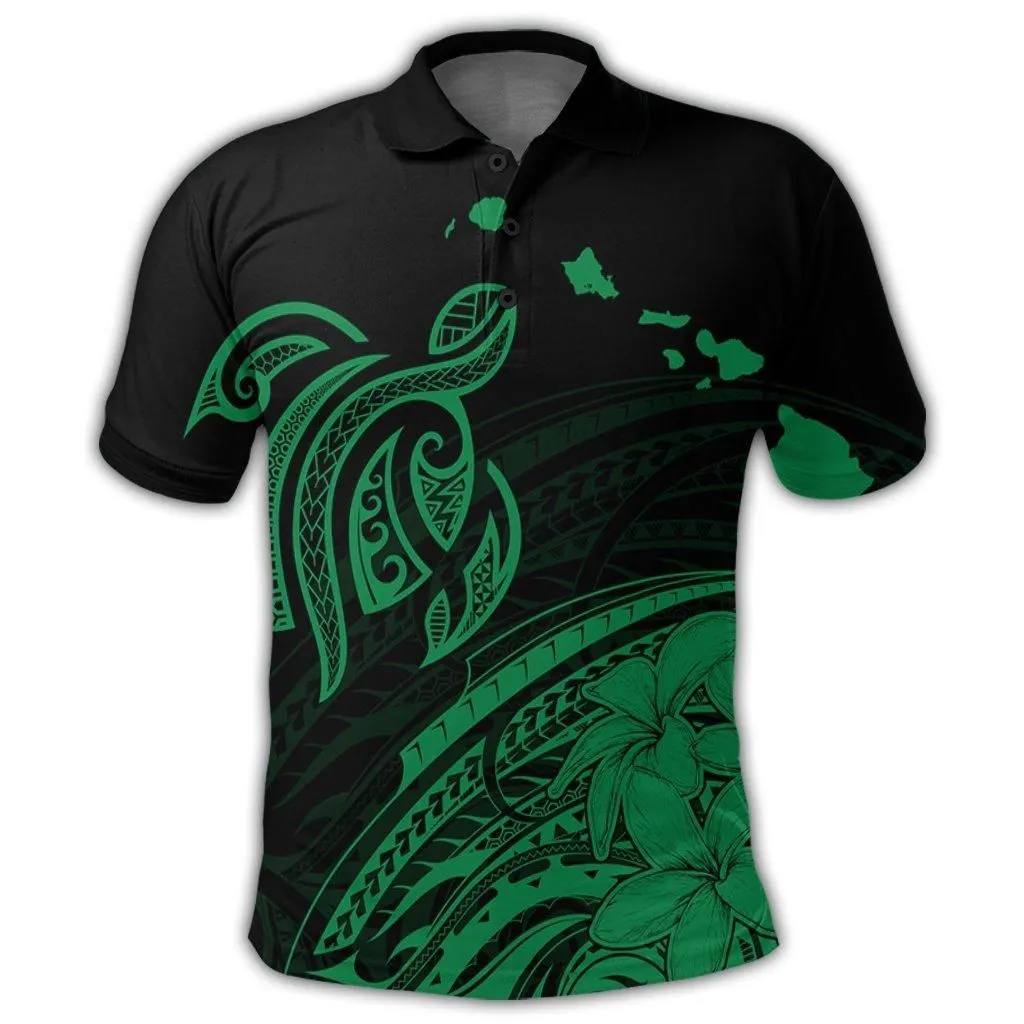 Hawaii Turtle Polynesian Map Plumeria Polo Shirt Green - AH