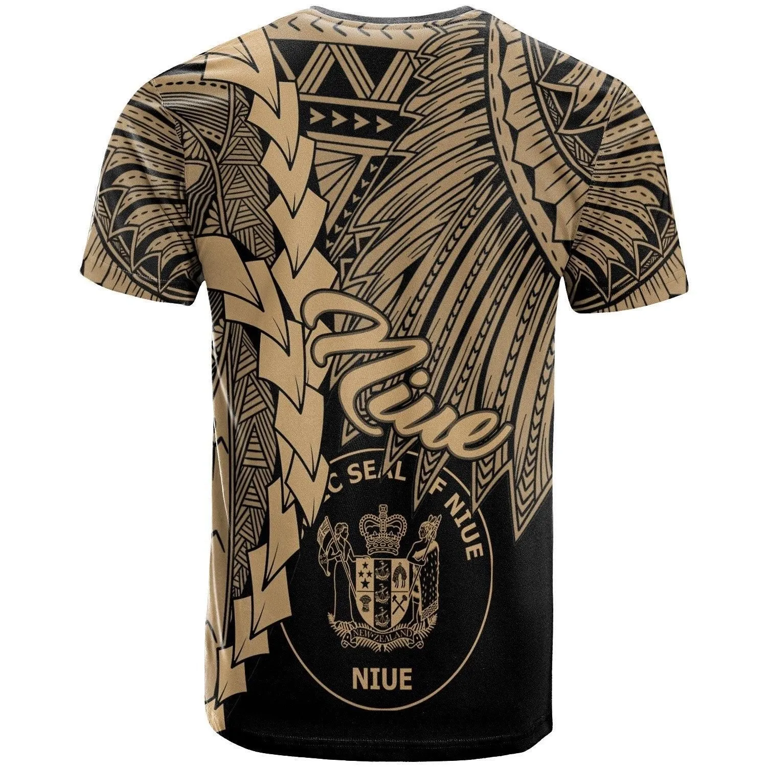 Niue Polynesian Custom Personalised T shirt - Tribal Wave Tattoo Gold