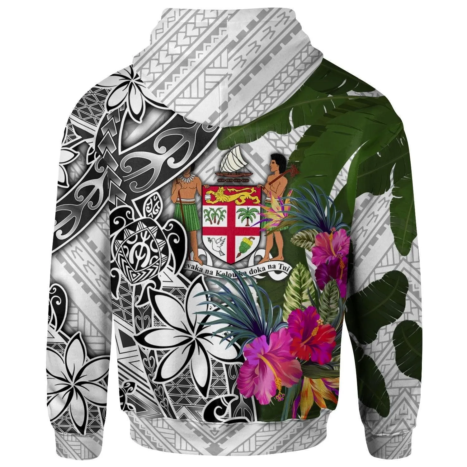 Fiji Hoodie White - Turtle Plumeria Banana Leaf Crest