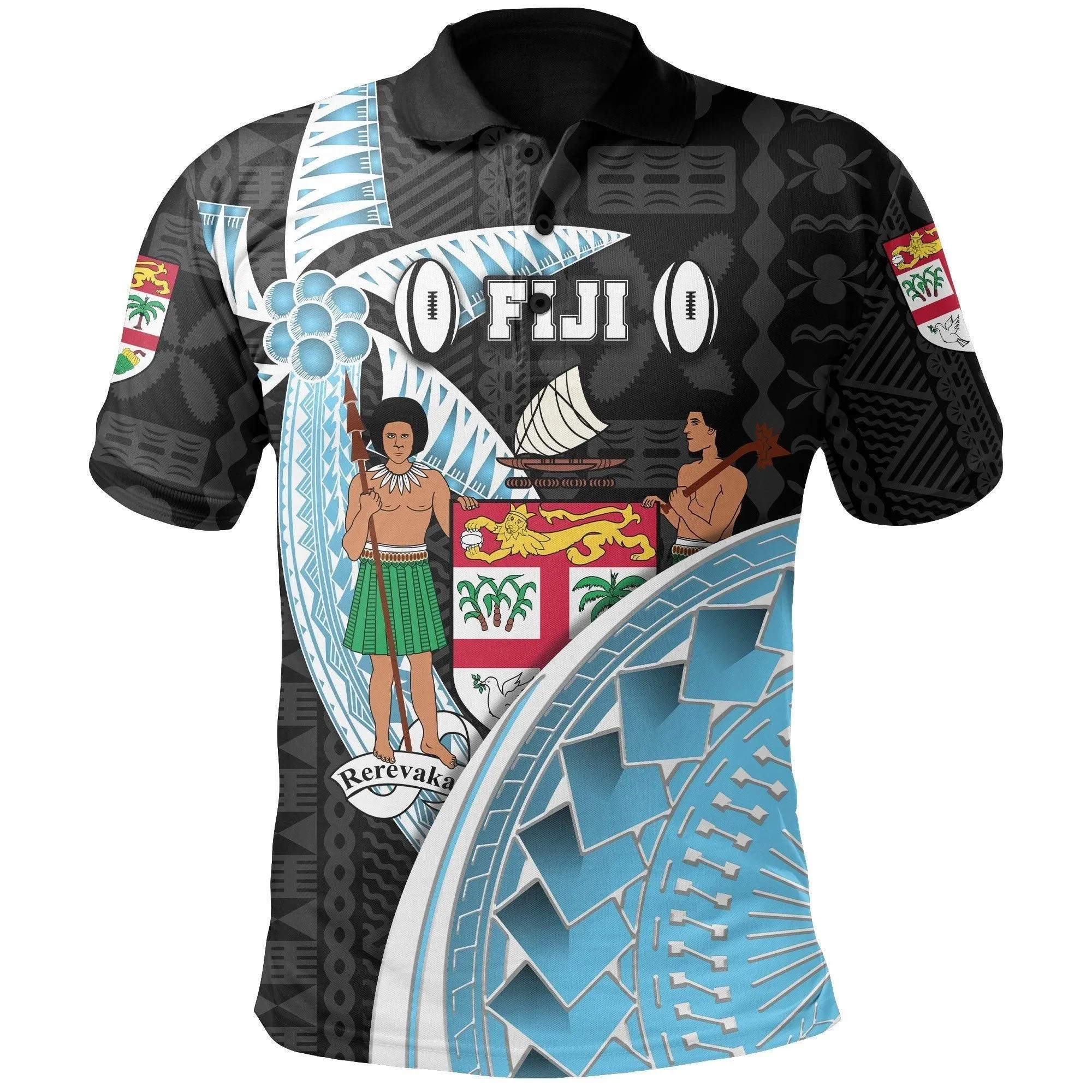 (Custom Personalised) Fiji Tapa Rugby Polo Shirt Armor Style - Black