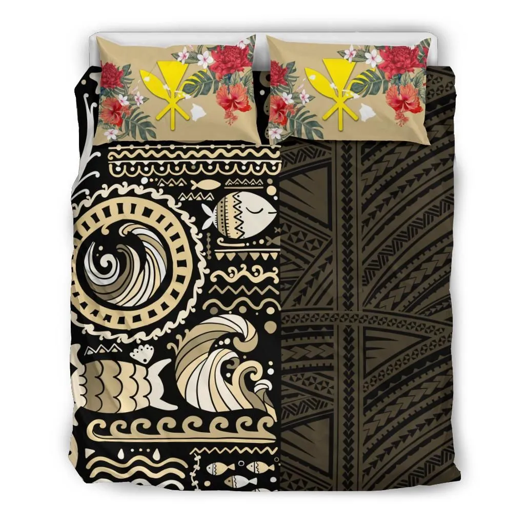 Hawaii Bedding Set - Gold Polynesian Hibiscus Tribal Style A24