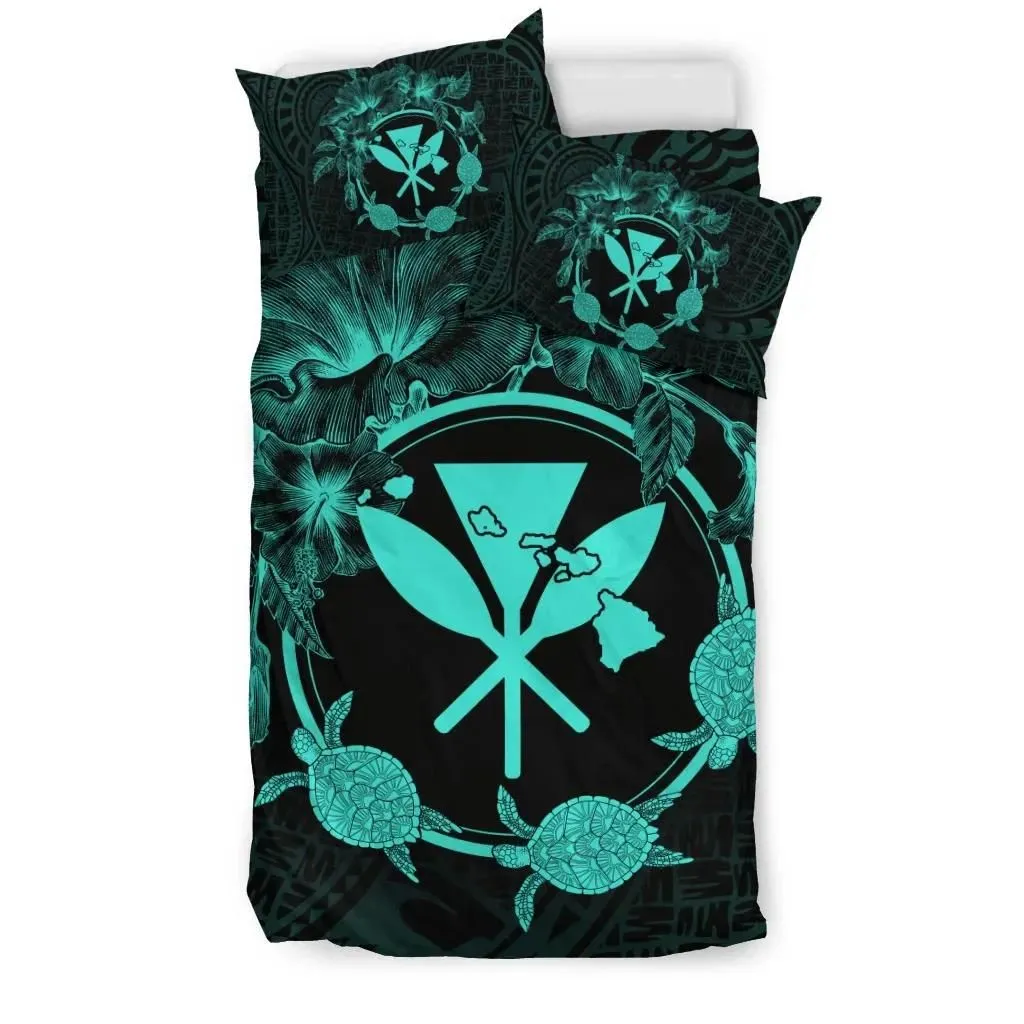 FamilyGater Home Set - Hawaii Kanaka Turtle Hibiscus Polynesian Bedding Set - Anthea Style Turquoise - AH - J4