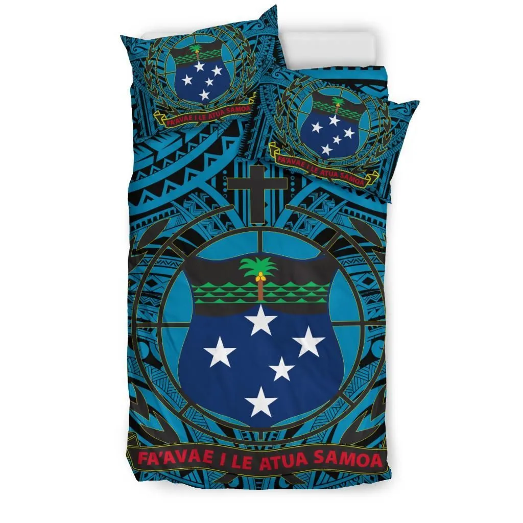 Samoa Bedding Set - Samoa Coat Of Arm, Polynesian Tattoo (Blue)