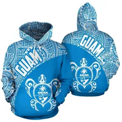 Guam Hoodie - Guam Coat Of Arm in Turtle Polynesian Tattoo Blue White
