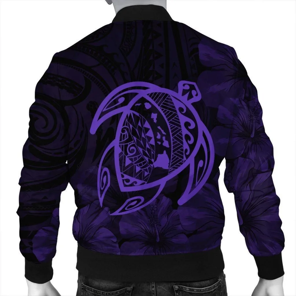 Hawaiian Map Turtle Kanaka Hibiscus Polynesian Bomber Jacket - Purple
