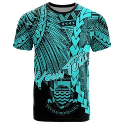 Tuvalu Polynesian Custom Personalised T-Shirt - Tribal Wave Tattoo Neon Blue