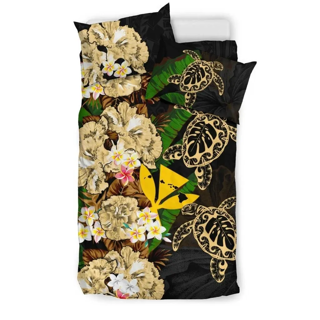 Alohawaii Bedding Set - Cover and Pillow Cases Kanaka Maoli (Hawaiian) - Polynesian Hibiscus Turtle Palm Leaves Gold A02