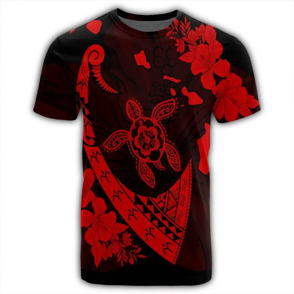 Hawaiian Map Hibiscus Turtle Fish Hook Polynesian T-Shirt Red - AH