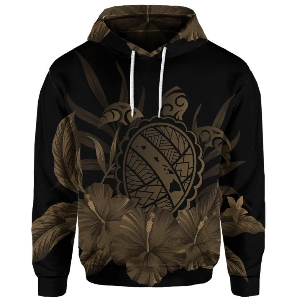 (Personalised) Hawaiian Map Turtle Hibiscus Polynesian Hoodie - Gold - AH