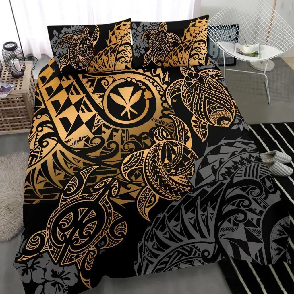 Polynesian Hawaii (Kanaka Maoli) Bedding Set - Gold Hibiscus Turtle Flowing - Bn11