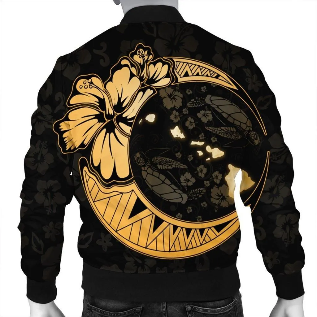 Hawaiian Map Hibiscus Turtle Polynesian Moon Bomber Jacket Gold - AH