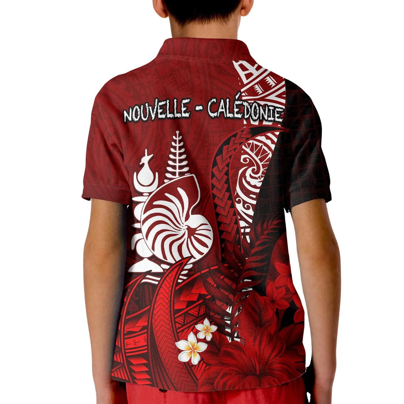 (Custom Personalised) New Caledonia Polo Shirt KID Nautilus Red Polynesian Hibiscus LT13