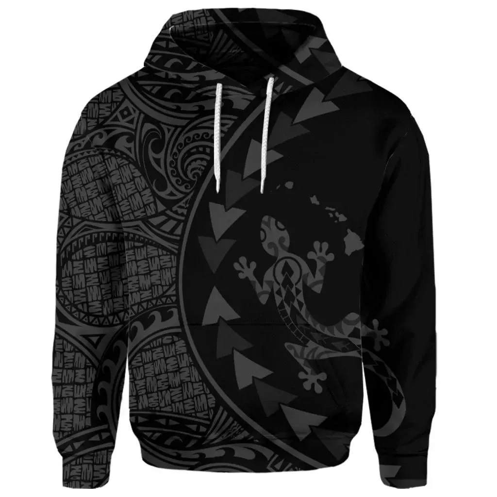 Alohawaii Hoodie - (Personalised) Hawaiian Map Gecko Tattoo Kakau Polynesian Hoodie Gray AH - J0R