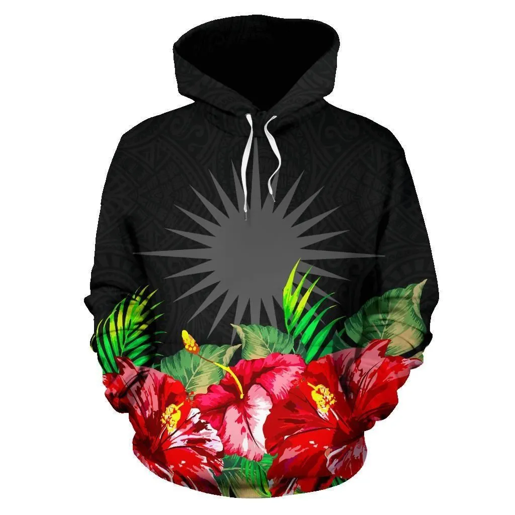 Marshall Islands Polynesian Hoodie Black Hibiscus - BN39