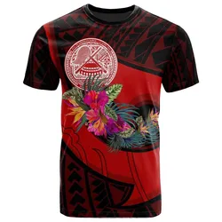American Samoa T - Shirt - Polynesian Hook And Hibiscus (Red)