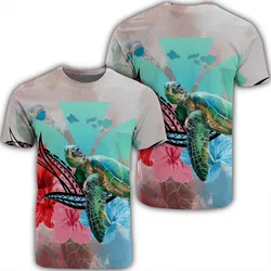 Hawaii Map Kanaka Sea Turtle Hibiscus T-Shirt - AH - Blue Pink