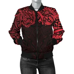New Zealand Womens Bomber Jacket, Maori Polynesian Tattoo Red