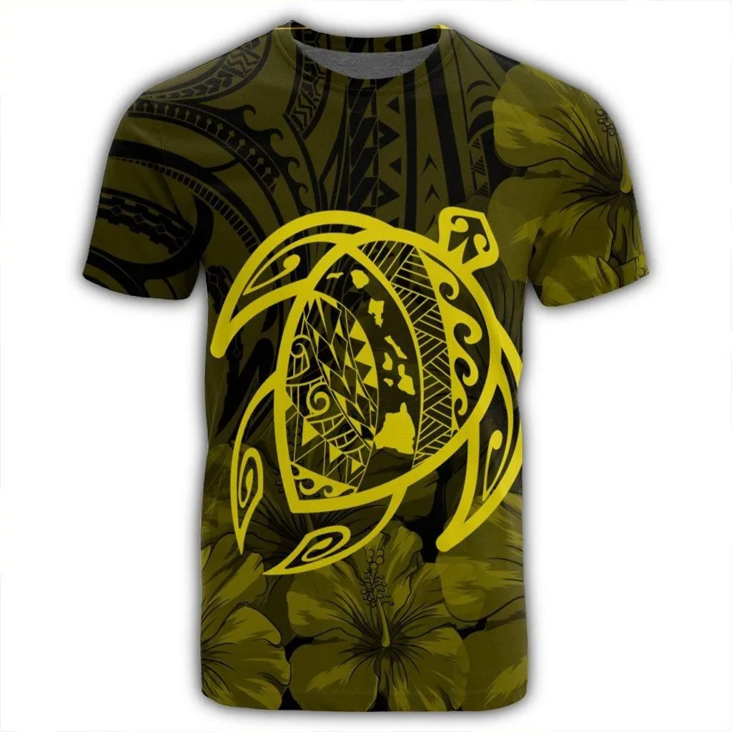 Hawaiian Map Turtle Kanaka Hibiscus Polynesian T-Shirt - Yellow - AH