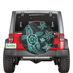 Kanaka Map Hibiscus Plumeria Turtle Art Turquoise Polynesian Spare Tire Cover AH