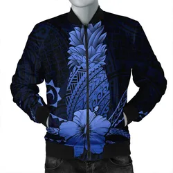 Hawaii Polynesian Pineapple Hibiscus Bomber Jacket - Blue - AH