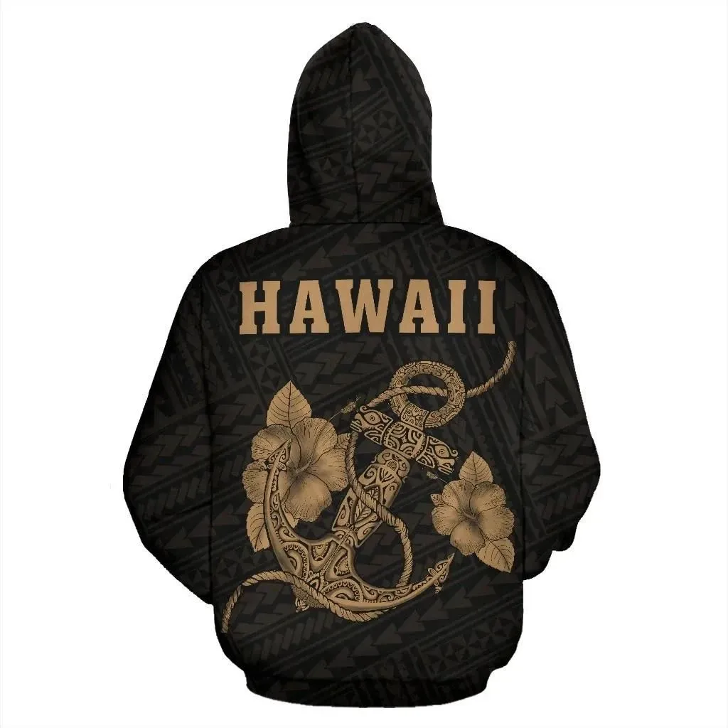 Alohawaii Hoodie - Polynesian Kakau Anchor Hibiscus Hawaii Hoodie Gold - AH - J16
