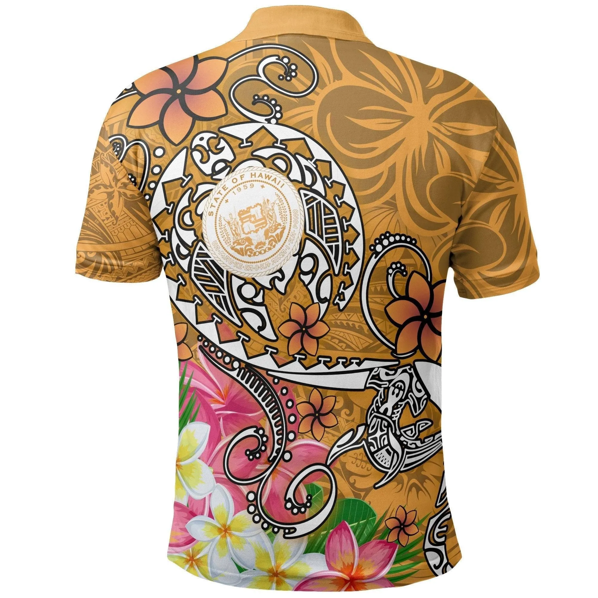Hawaii Polynesian Polo Shirts - Hawaii Seal With Turtle Plumeria (Gold)