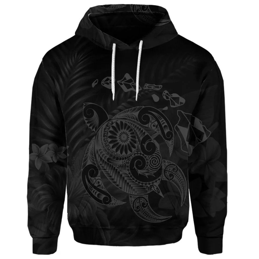 (Personalised) Hawaiian Map Turtle Tattoo Hibiscus Plumeria Polynesian Hoodie - Gray